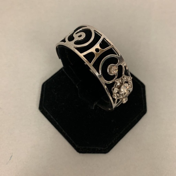 Vintage Rhinestone Filigree Cuff Bracelet Silver Tone Open Bangle - Picture 3 of 12